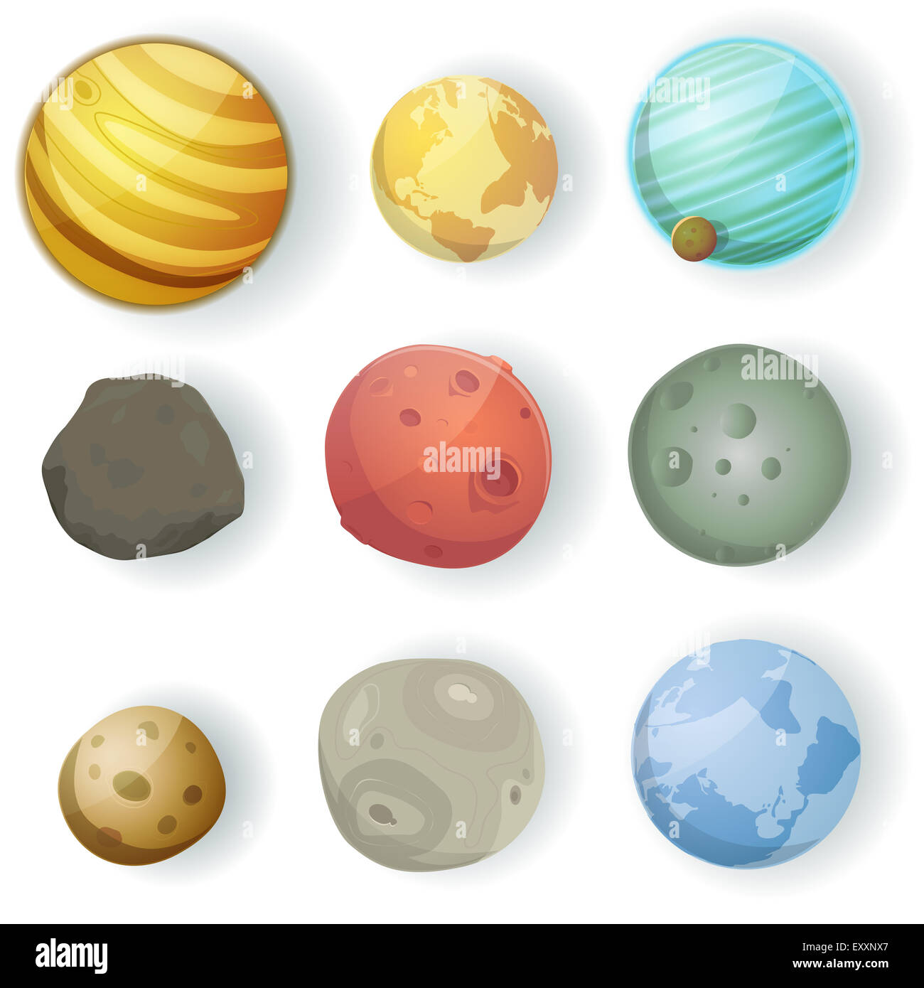 Abbildung einer Reihe von verschiedenen Planeten, Monde, Asteroiden und Erde Globen isoliert auf weiss für Scifi-Hintergründe Stockfoto