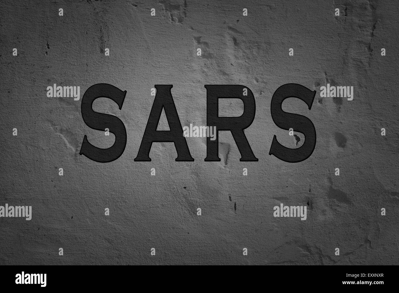 Wort-Sars auf dunklem Hintergrund isoliert Stockfoto