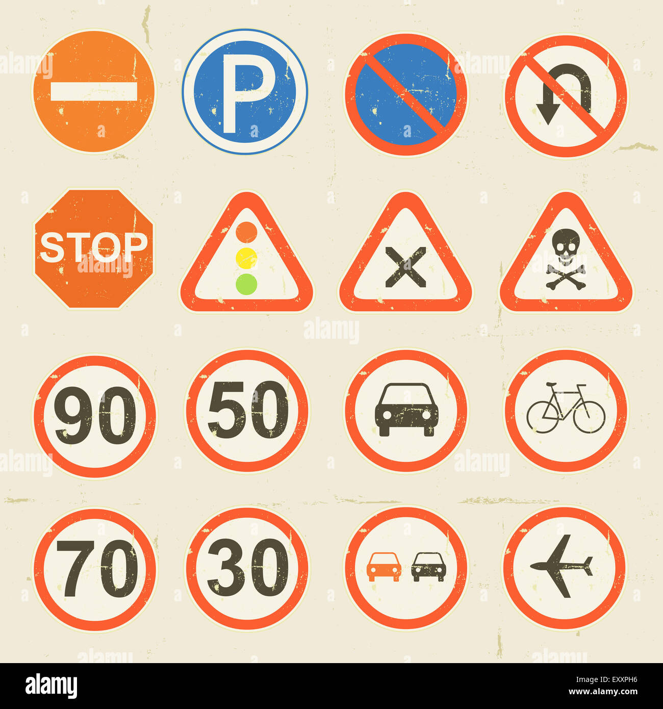 Abbildung einer Reihe von Grunge retro Vintage Verkehrszeichen und