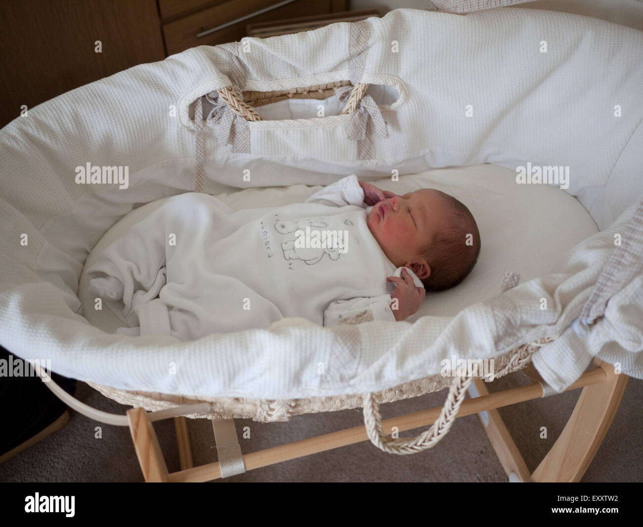 Eines Tages alte Babyjungen schlafen in Moses Korb, England, UK. Stockfoto