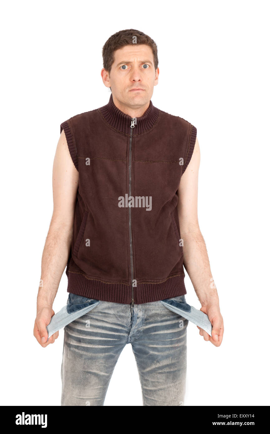 Hübscher Mann dabei verschiedene Ausdrücke in verschiedenen Arten von Kleidung: Taschen leeren Stockfoto