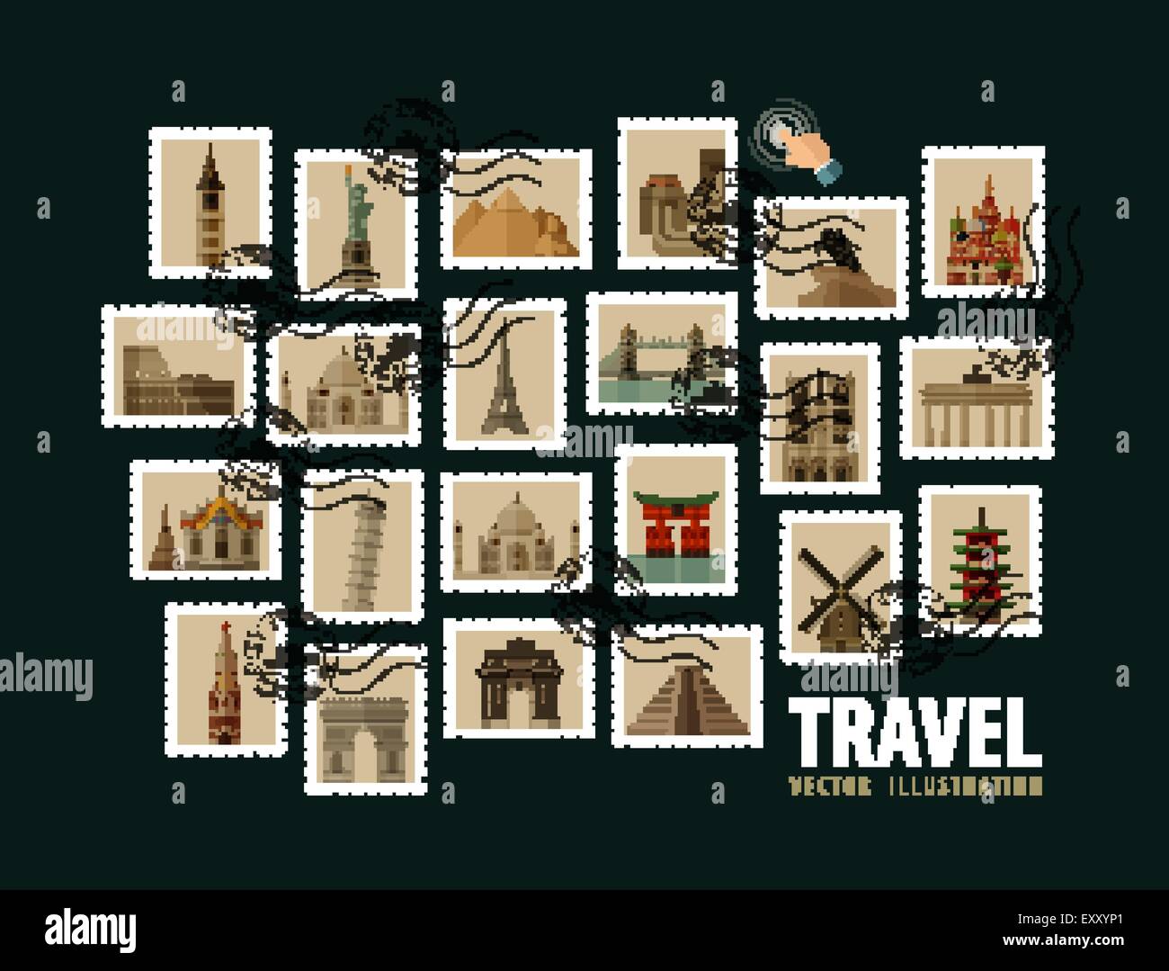Reisen, Urlaub-Vektor-Logo-Design-Vorlage. Briefmarke oder historische Architektur der Welt Symbole Stock Vektor