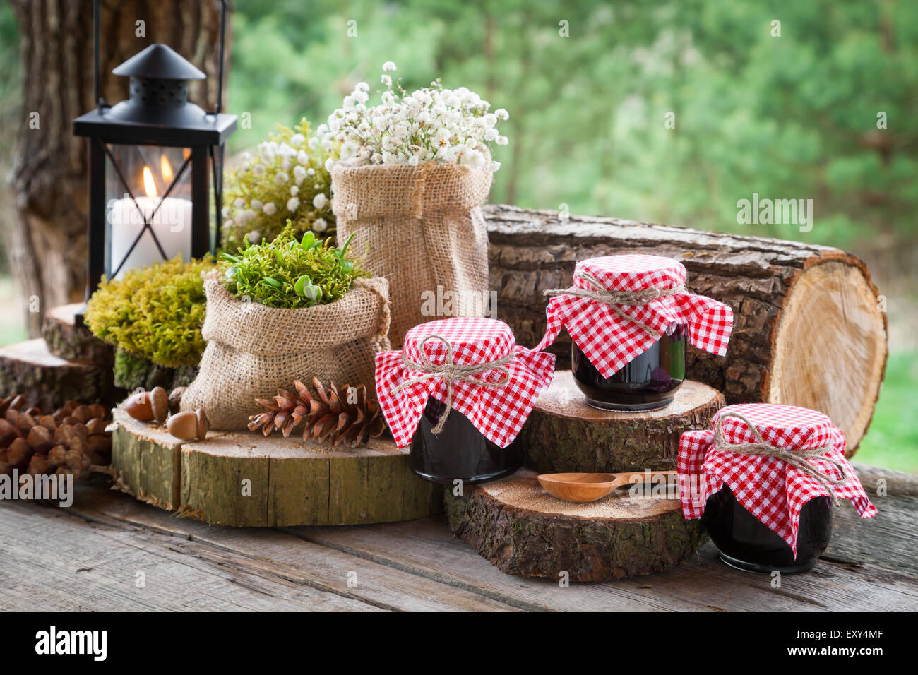 Stillleben mit Gläsern eingekochtes Obst, Vintage Lampe und Dekoration im rustikalen Stil. Stockfoto