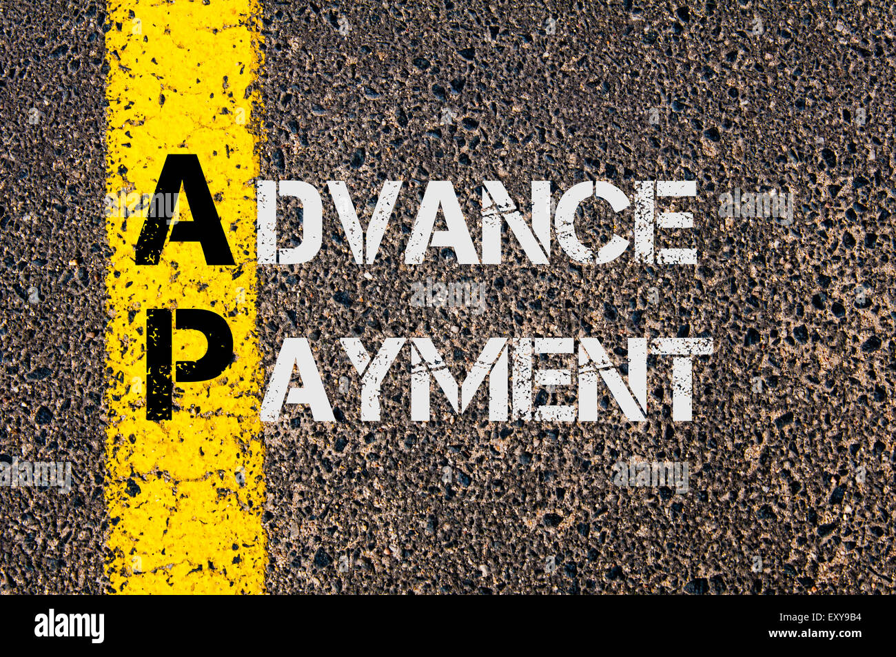 Konzept-Bild des Business Abkürzung AP als Vorauszahlung über Straße Markierung gelber Farbe geschrieben. Stockfoto