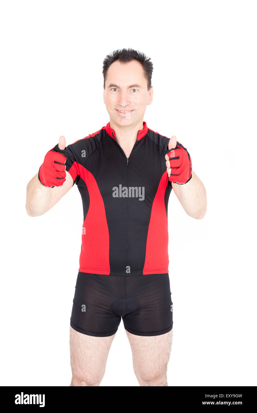 Gut aussehend Biker dabei verschiedene Ausdrücke in verschiedenen Arten von Kleidung: Daumen hoch Stockfoto