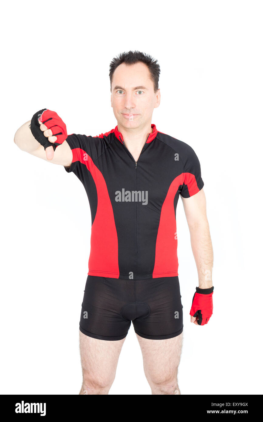 Gut aussehend Biker dabei verschiedene Ausdrücke in verschiedenen Arten von Kleidung: Daumen runter Stockfoto