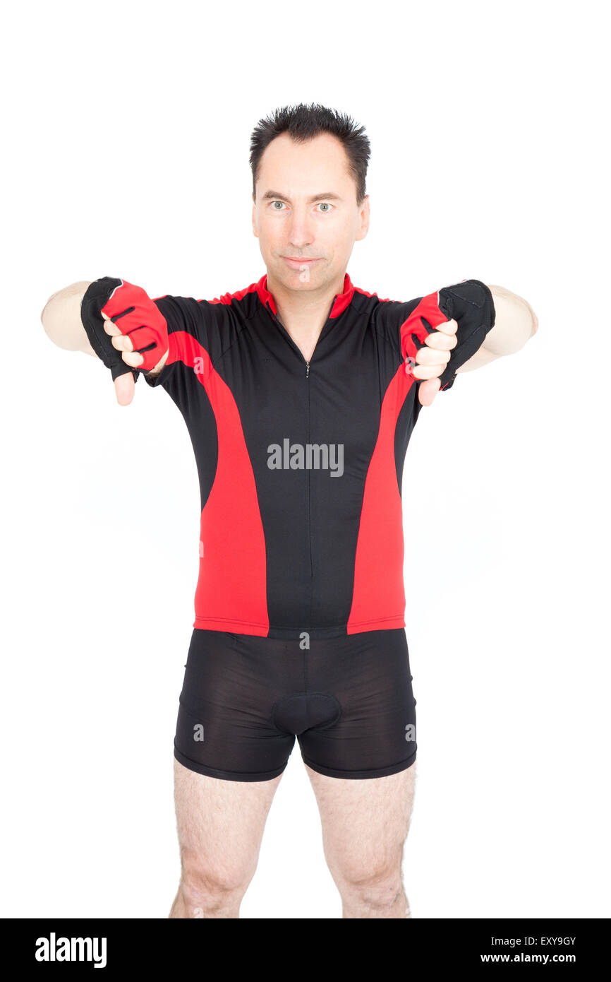 Gut aussehend Biker dabei verschiedene Ausdrücke in verschiedenen Arten von Kleidung: Daumen runter Stockfoto