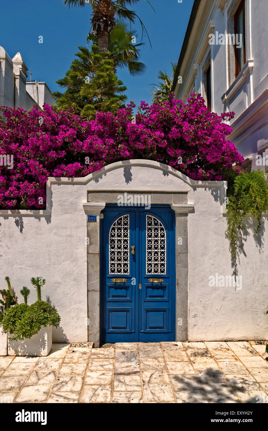 Griechisch oder Türkisch Stil Tür am Bodrum, Provinz Mugla, Türkei mit Bougainvilleas. Stockfoto