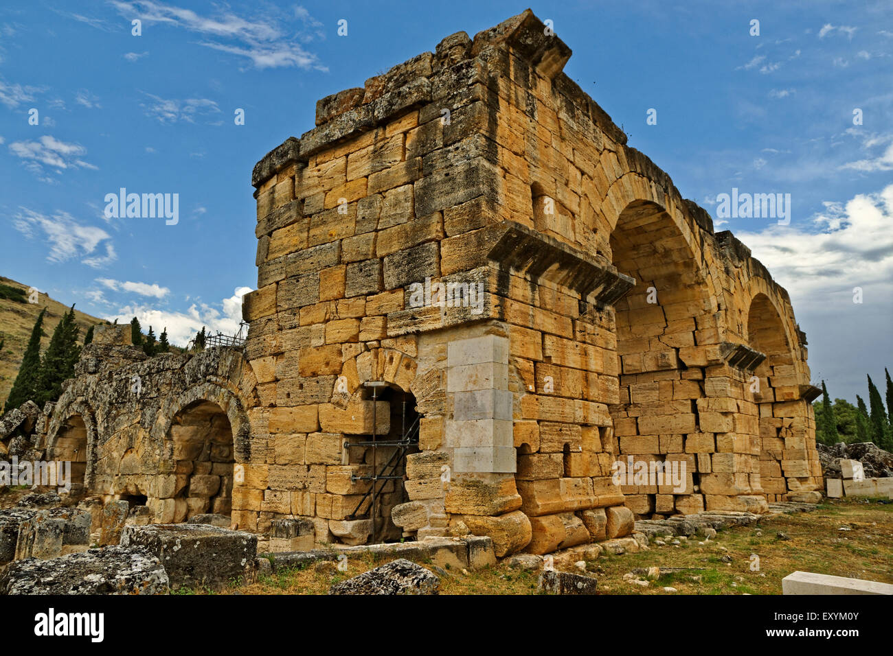 Reste der Basilika Badehaus in der römischen Siedlung von Hierapolis über Pamukkale in der Nähe von Denizli, Türkei. Stockfoto