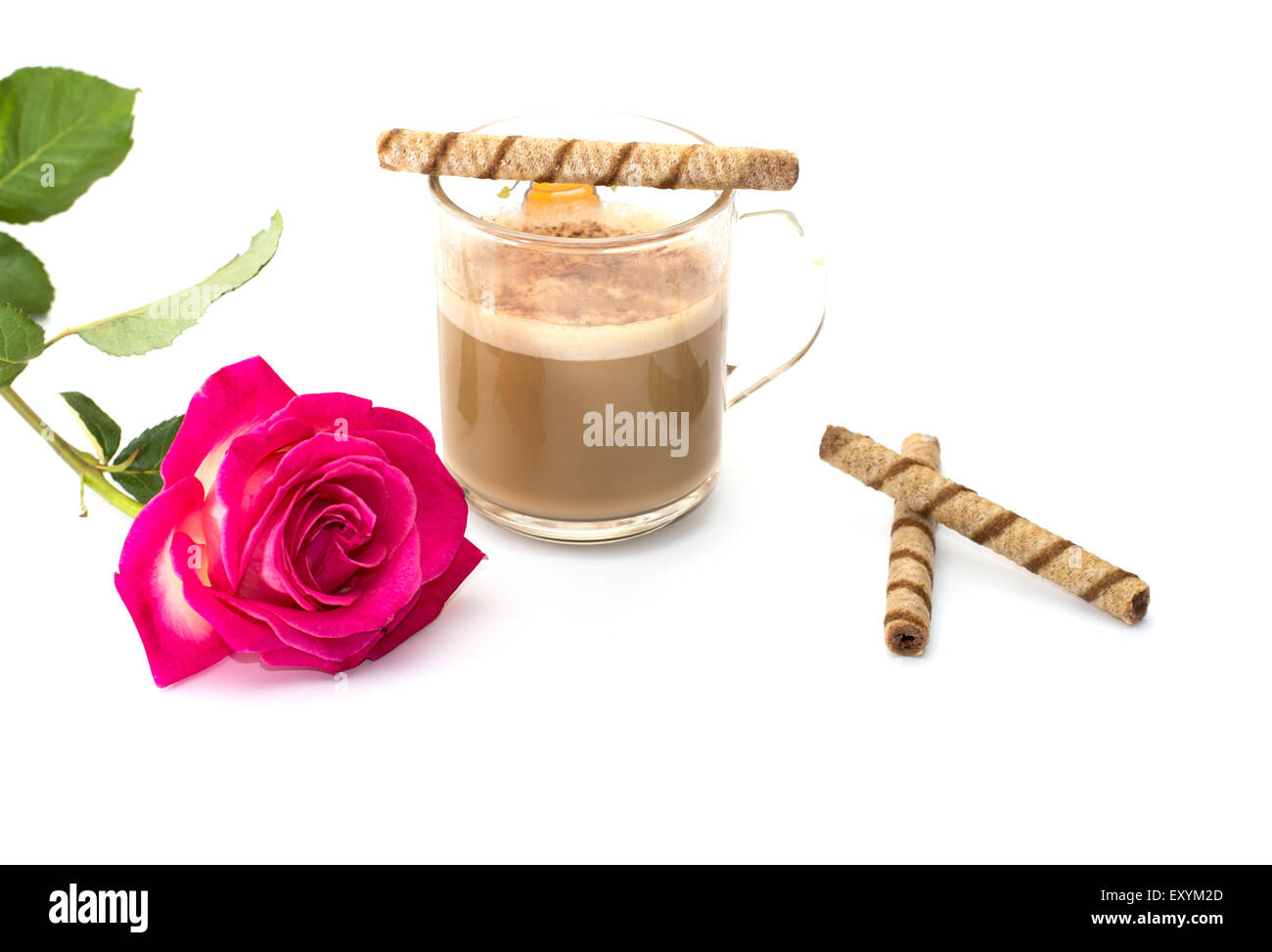 Tasse Cappuccino, Cookies und scarlet rose Stockfoto