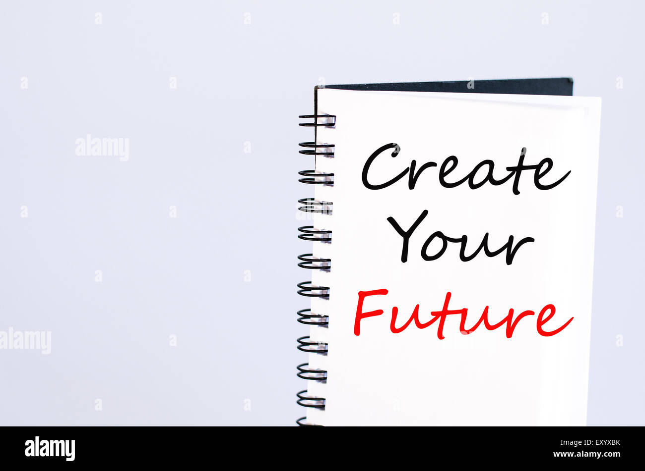 Notebook oder Copybook isoliert auf weißem Hintergrund erstellen Your Future Concept Stockfoto