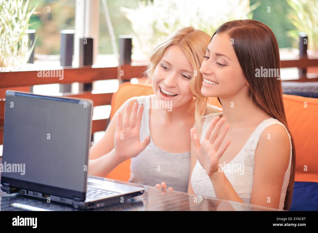 Zwei Freundinnen, die mit Laptop im café Stockfoto