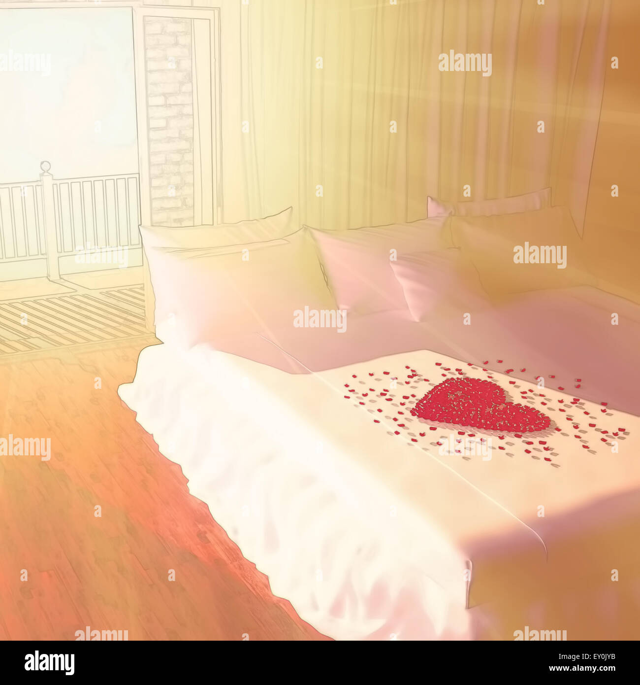 Am Morgen in einem Schlafzimmer. Herz aus Blütenblättern von Rosen auf Bett  Stockfotografie - Alamy