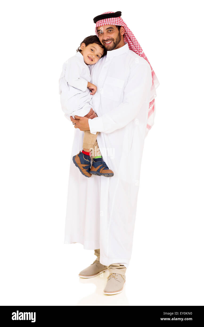 hübscher Junge arabische Vater und Sohn isoliert auf weißem Hintergrund Stockfoto
