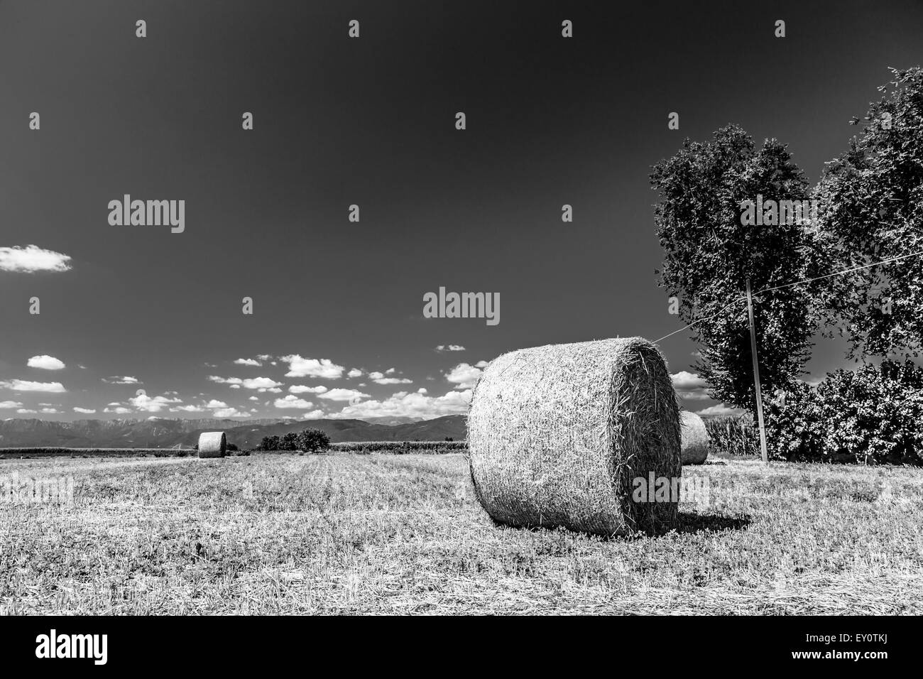 Sturm kommt auf einem Feld mit Heuballen Stockfoto