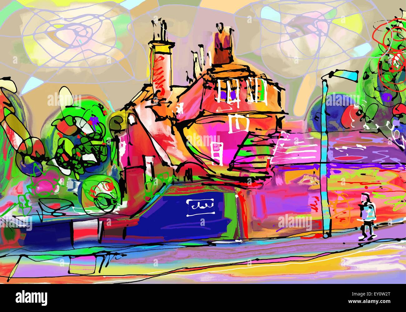 abstrakte Malerei von britischen Dorf, digitale Kunst Zusammensetzung Ca Stock Vektor