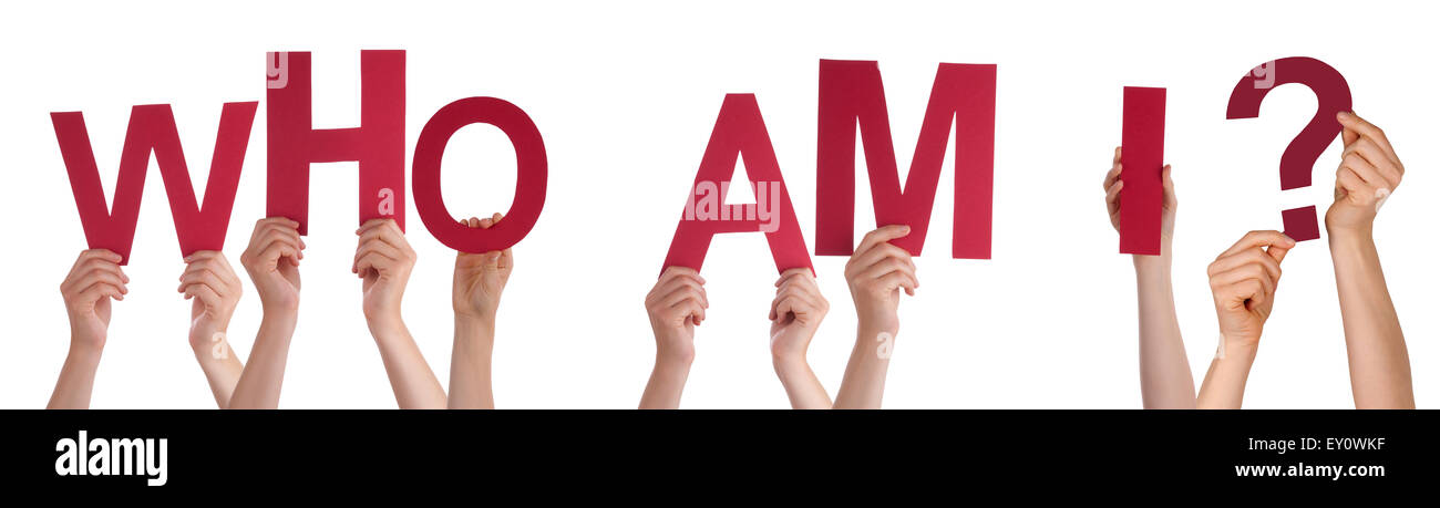 Menschen Hände halten rote Wort, wer ich bin Stockfoto