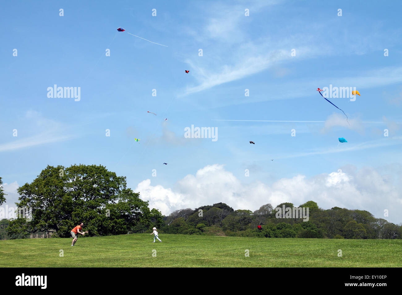 Tochter läuft in Richtung Vater im Feld mit Drachen fliegen, Margam Country Park, Port Talbot, South Wales. UK Stockfoto