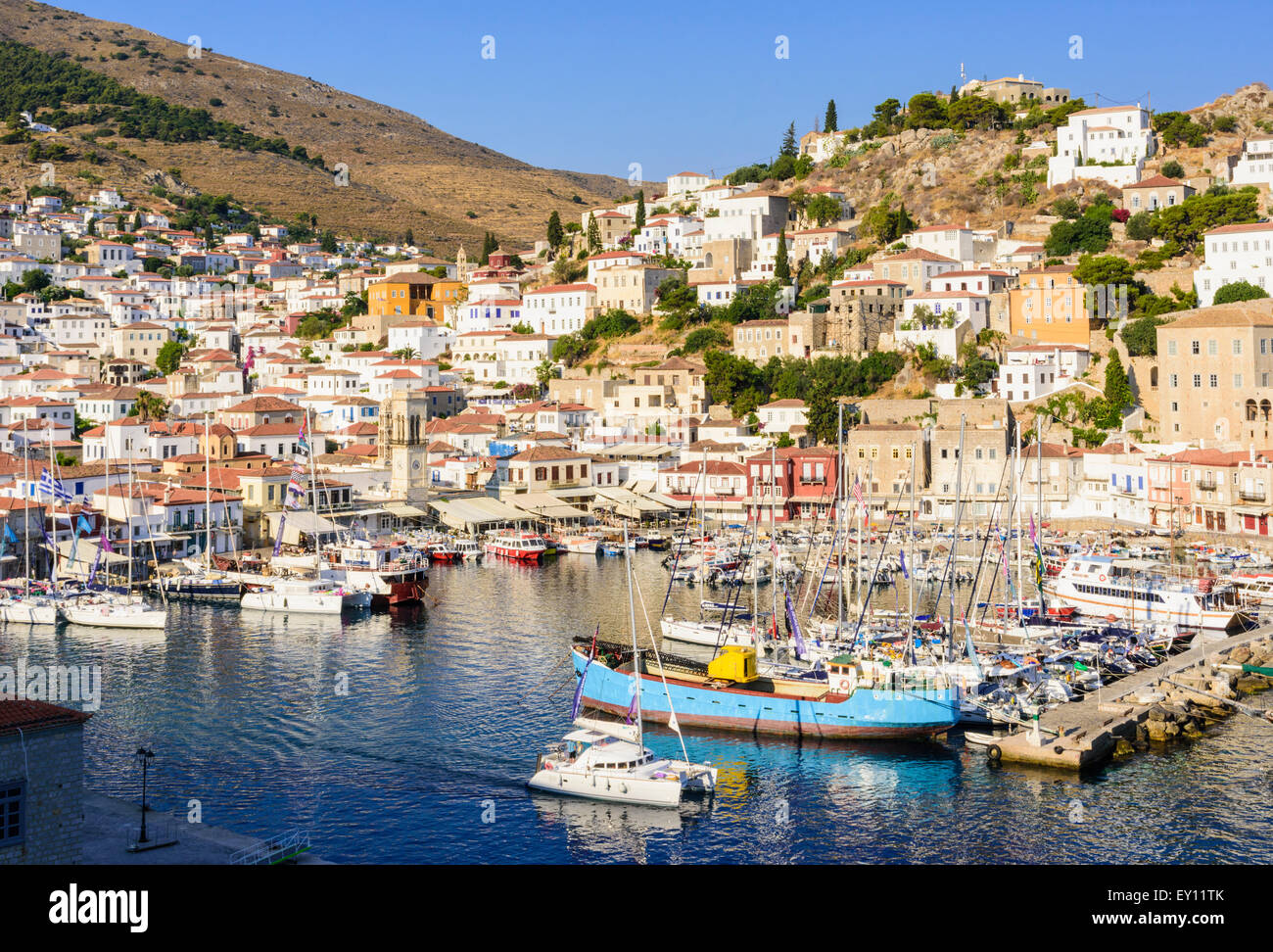 Hydra-Stadt Hafen Panorama, Hydra-Insel, Griechenland Stockfoto