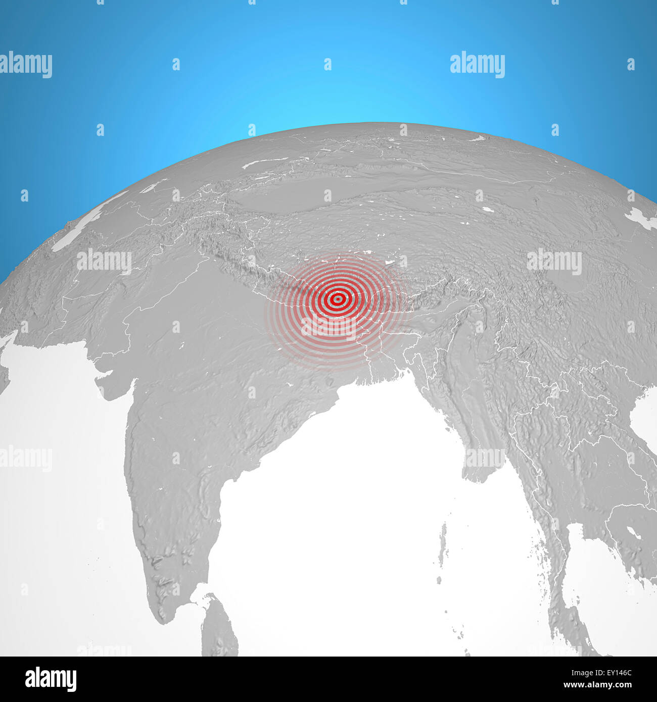 Weltkugel mit Erdbeben in Nepal rote Zeichen auf blauem Hintergrund Stockfoto