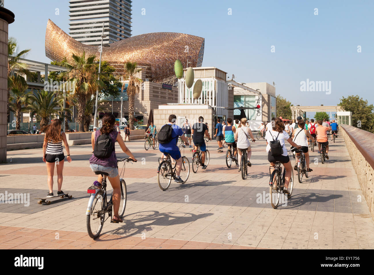 Radfahren entlang des Passeig Maritim Menschen, Skulptur Fische im Hintergrund, Barceloneta, Barcelona-Spanien-Europa Stockfoto