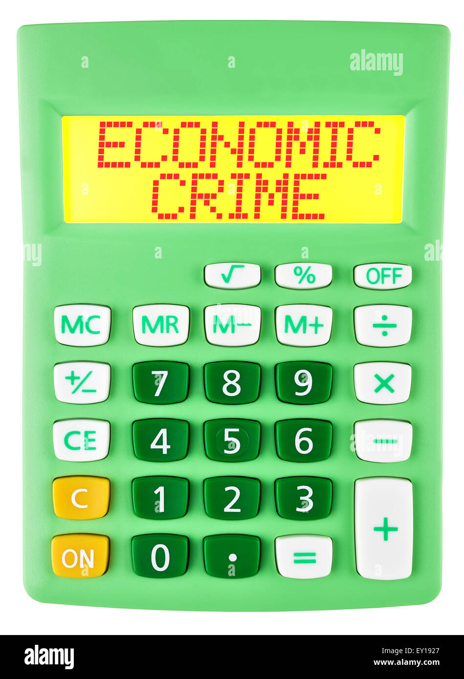 Taschenrechner mit Wirtschaftskriminalität auf dem Display isoliert Stockfoto