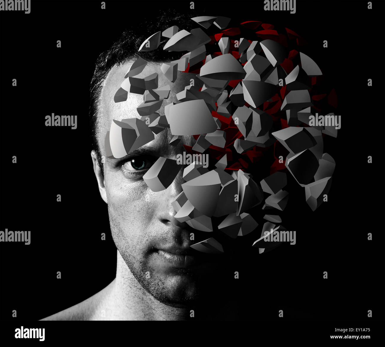 Kaukasischen Mann kreative Portrait mit 3d Explosion Fragmente auf schwarzem Hintergrund Stockfoto