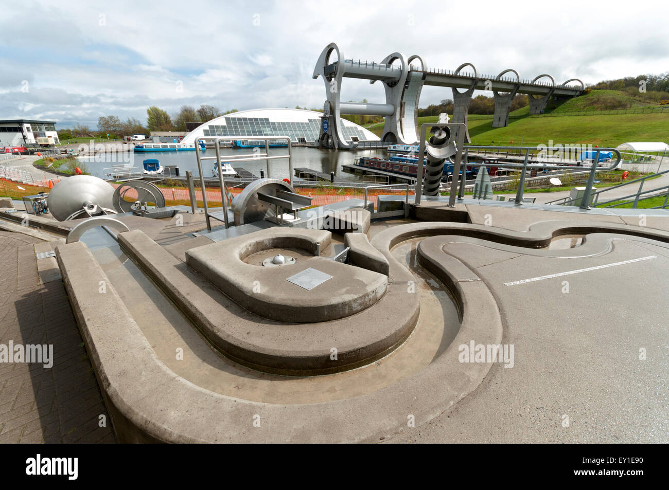 Wasserspiele, zeigt Methoden der Erhöhung oder Pumpen von Wasser, in den Wasser-Spielpark bei Falkirk Wheel, Falkirk, Schottland, UK Stockfoto