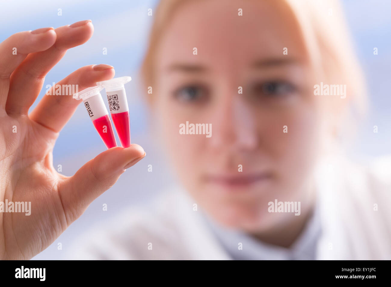 Techniker im Labor mit einer Pipette und Reagenzglas Stockfoto
