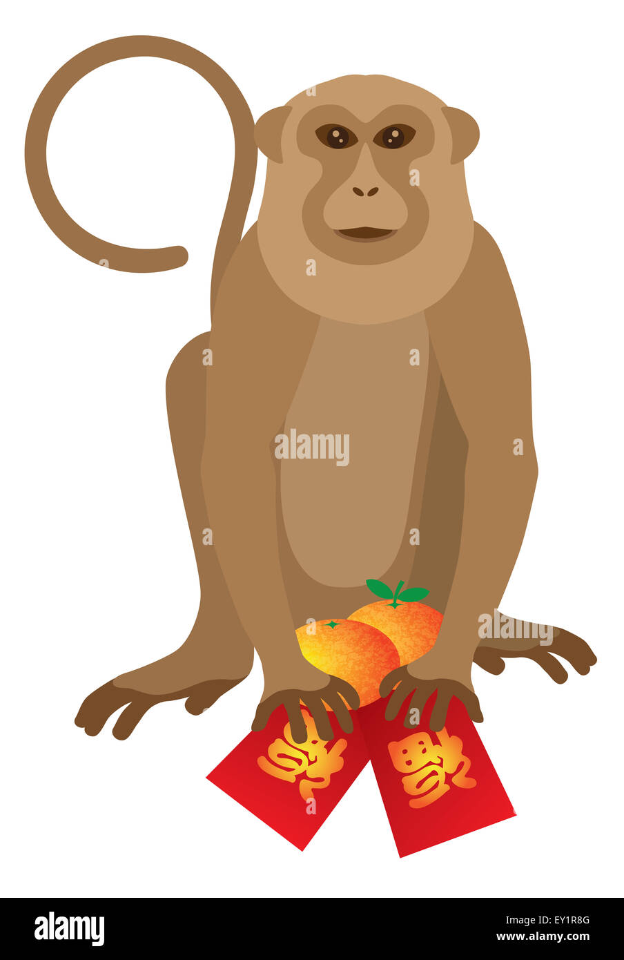 Chinesisches Neujahrsfest 2016 Affe rot-Pakete mit Glück chinesische Text und Mandarinen Illustration Stockfoto