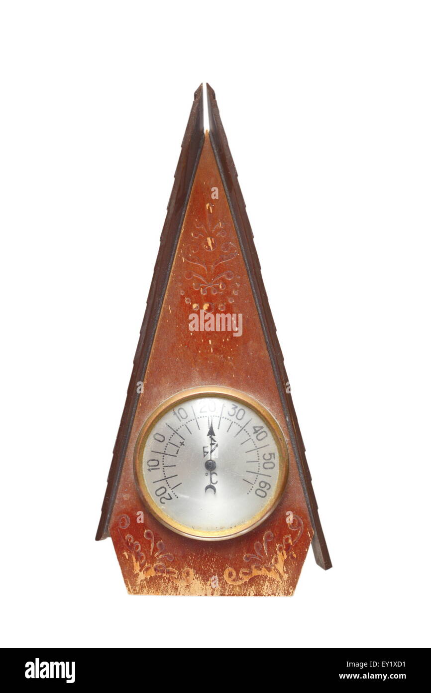 Vintage Thermometer in einem Holzrahmen, isoliert auf weiss Stockfoto