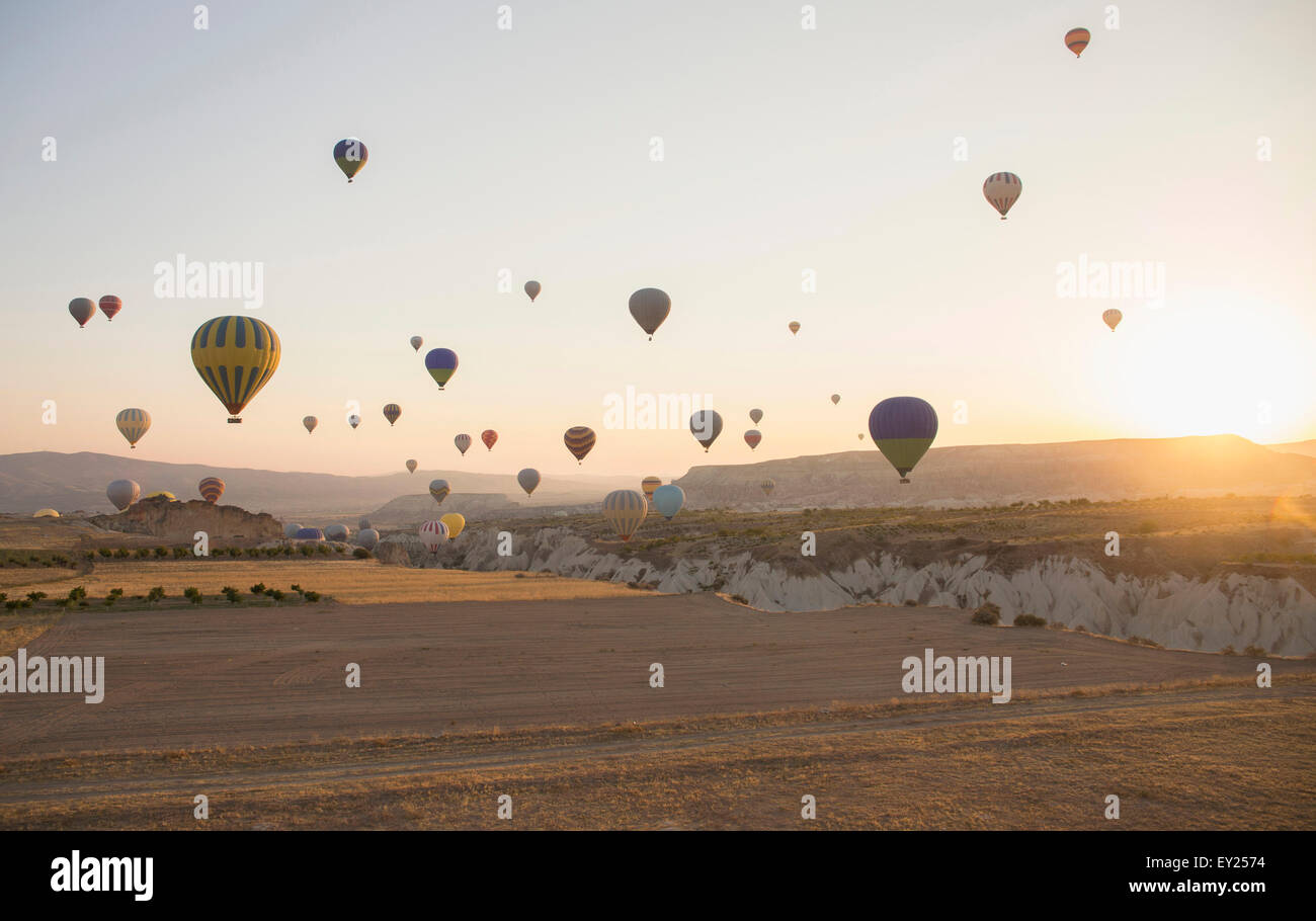 Heißluftballons über dem Feld Landschaft, Kappadokien, Anatolien, Türkei Stockfoto