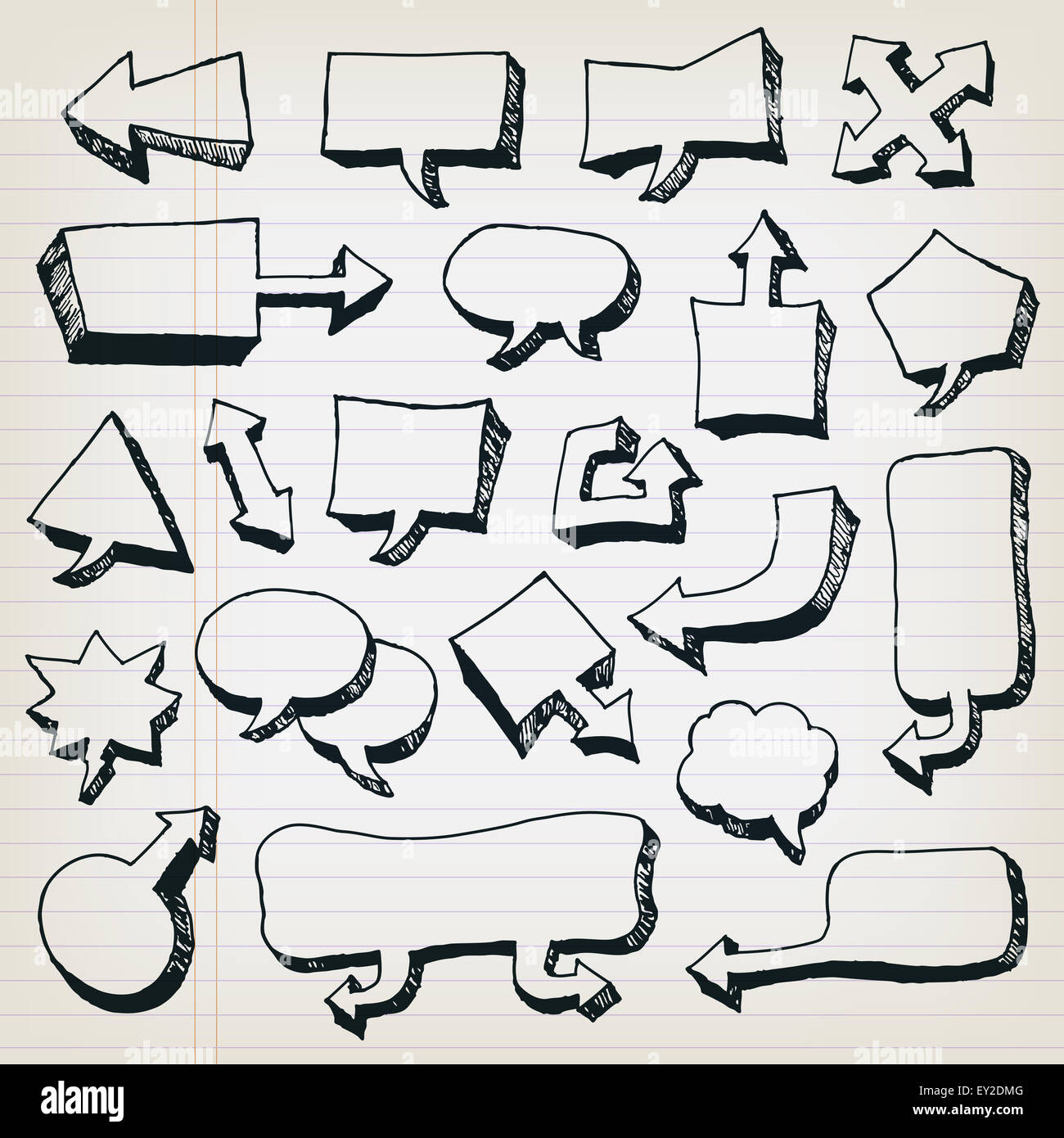 Abbildung einer Gruppe von Cartoon und ausgefallene handgezeichnete skizziert Sprechblase unterschreibt Elemente mit Pfeilen auf Schülerzeitung mit h Stockfoto