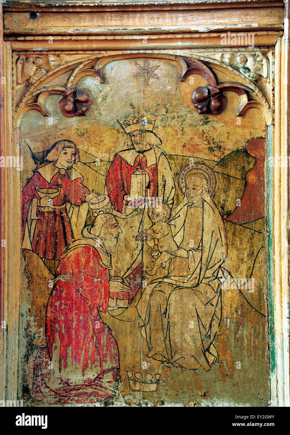 Anbetung der Heiligen drei Könige, Three Wise Men, Loddon, Norfolk, mittelalterliche Lettner, gaben Gold, Weihrauch, Myrrhe, England UK Stockfoto