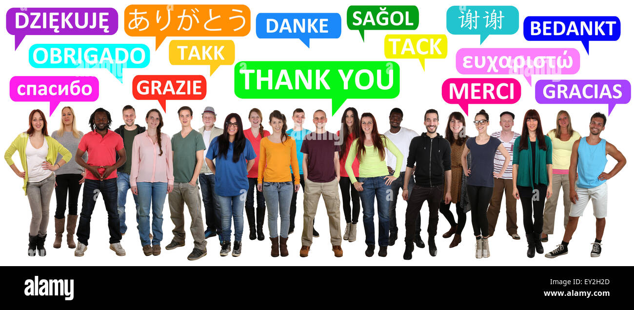 Multi-ethnische Gruppe lächelnder junge Leute sagen Danke in verschiedenen Sprachen Stockfoto
