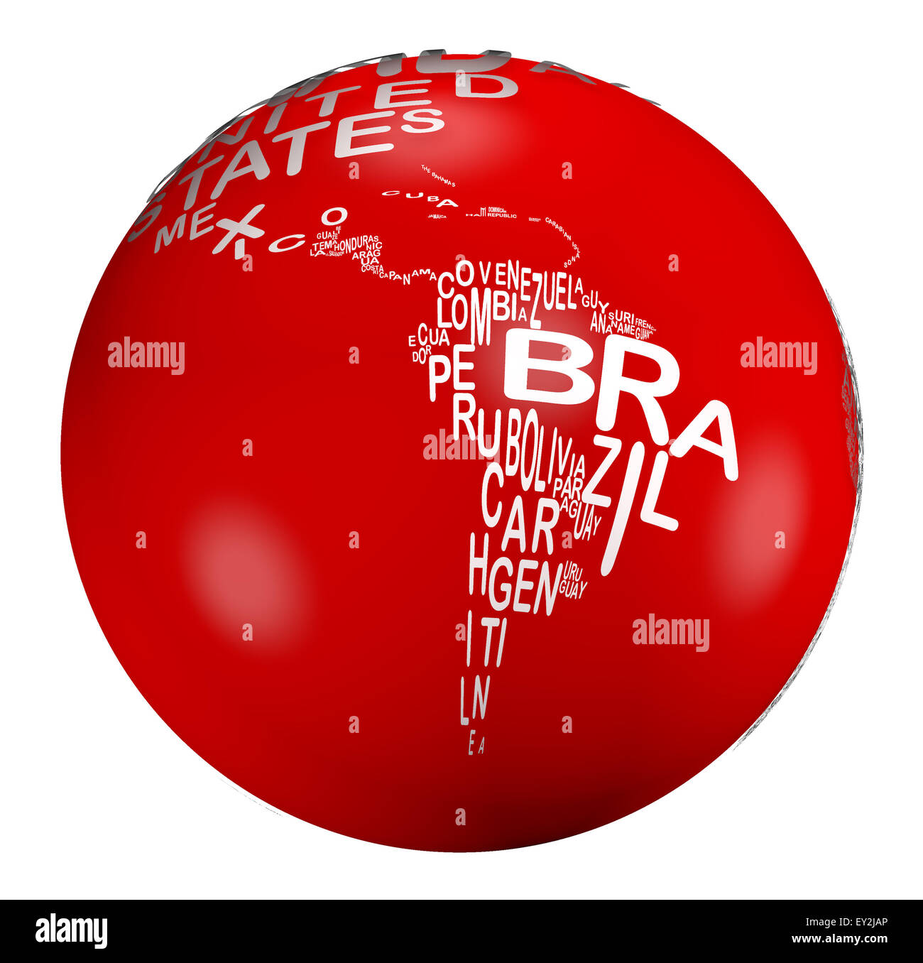 Ein Globus mit Worten der Nationen, Brasilien, Argentinien, Chile Stockfoto