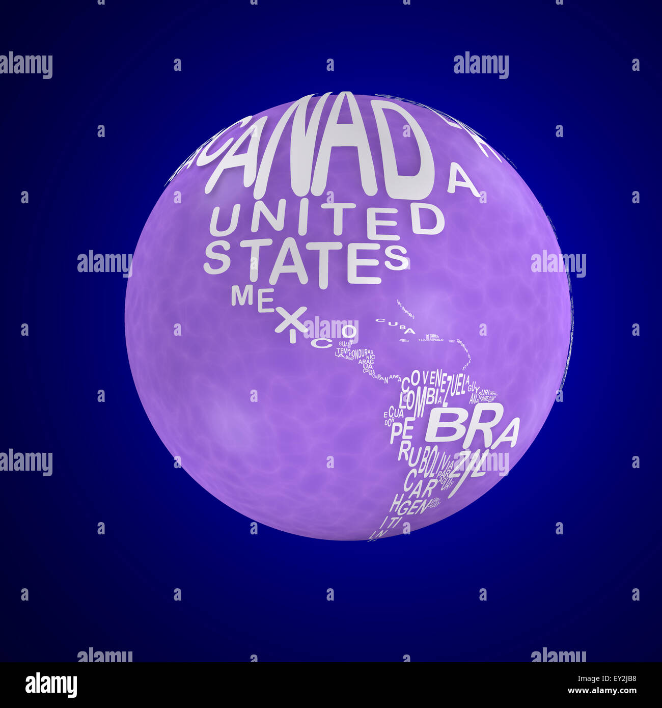 Ein Globus mit Worten der Nationen, Usa, Kanada, Mexiko, Brasilien Stockfoto