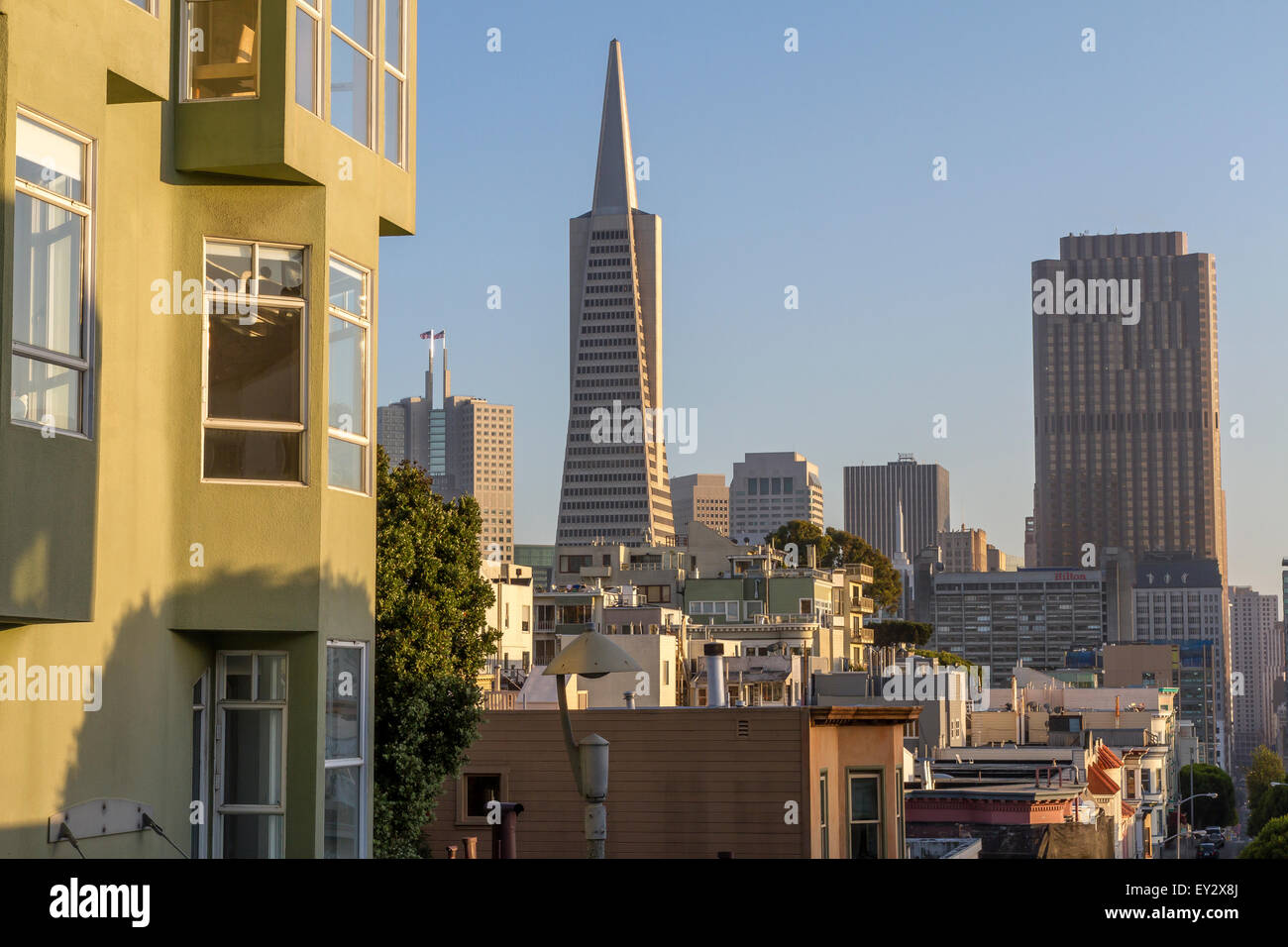 Transamerica Pyramid und Downtown San Francisco von einem North Beach Street in der Nähe von Telegraph Hill Stockfoto