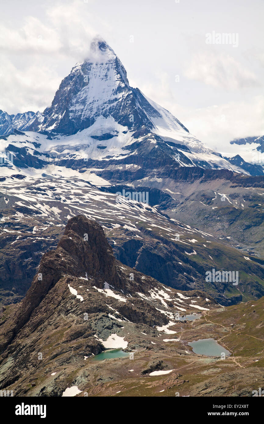 Matterhorn und Riffelsee See, Alpen, Schweiz Stockfoto