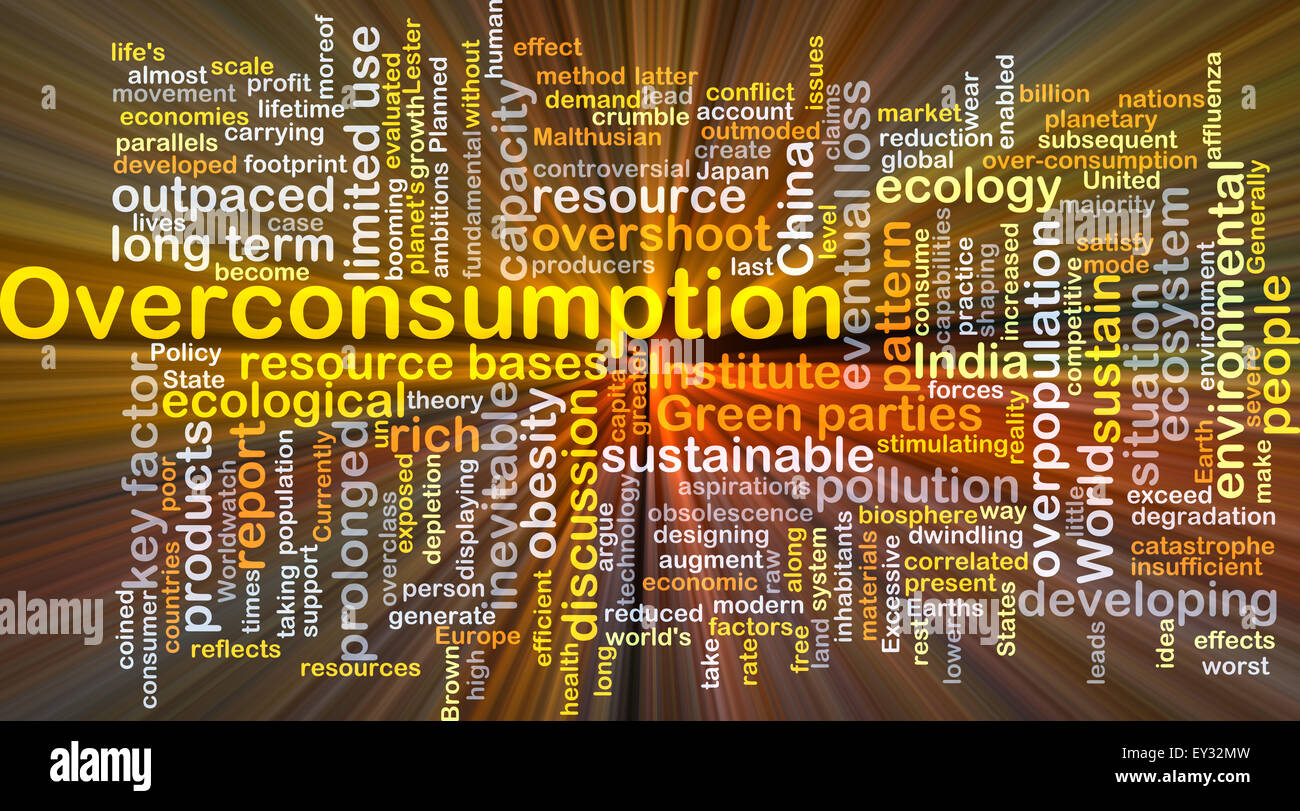 Hintergrund-Konzept Wordcloud Illustration der Überkonsum gleißenden Licht Stockfoto