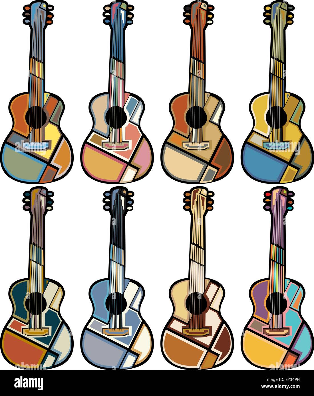 Reihe von bunten eps8 bearbeitbare Mosaik Vektorgrafiken von akustischen Gitarren Stock Vektor