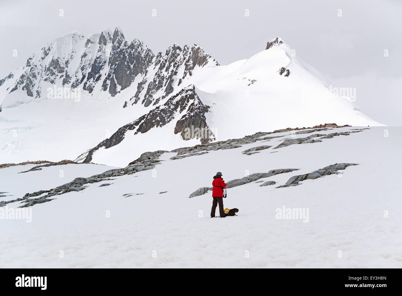 Eine Person, die auf dem Eis vor einem schneebedeckten Berg. Stockfoto