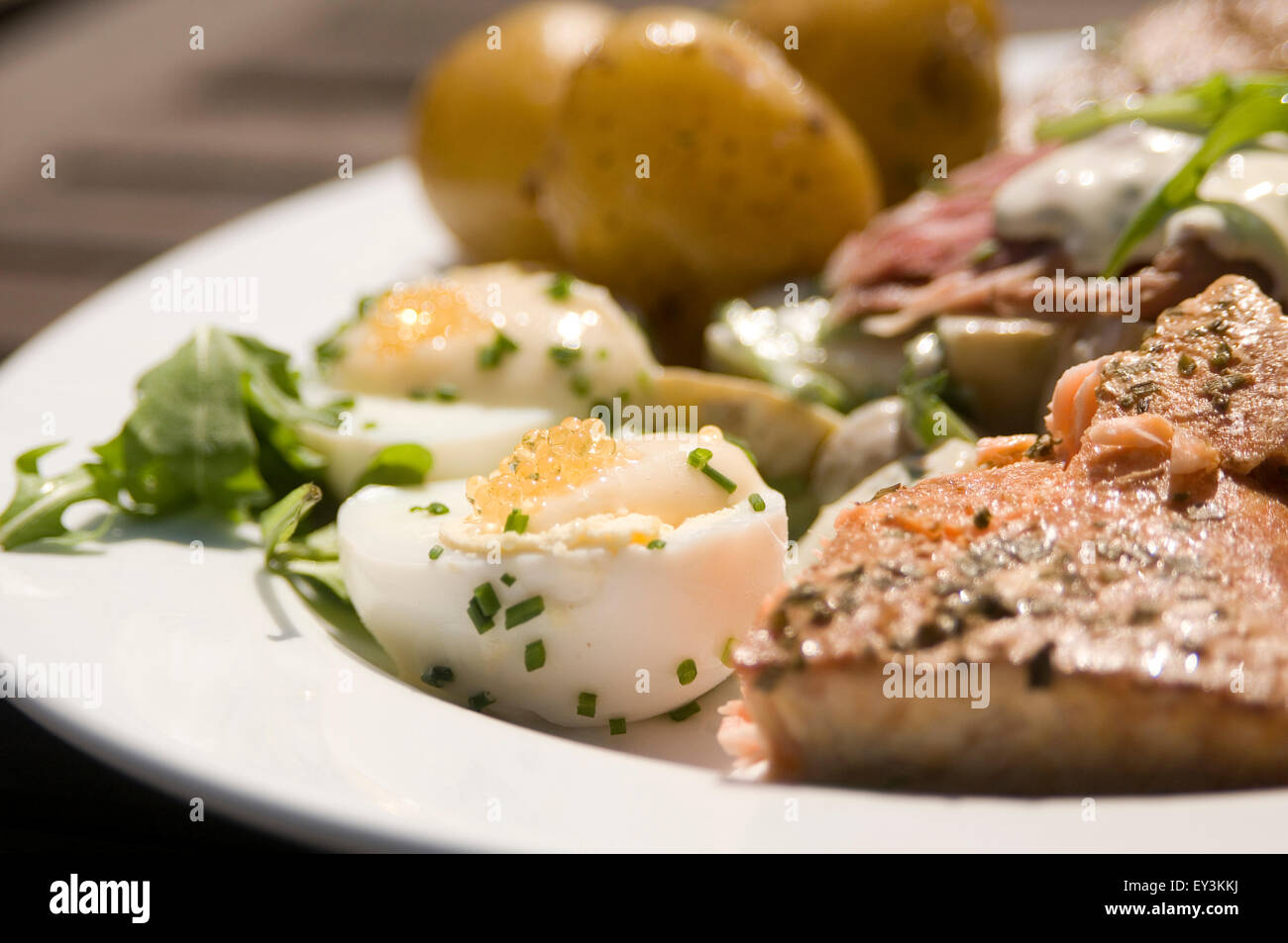 Skandinavische Diät schwedische Schweden Essen Mahlzeit Diäten Rauch Fischöl Lachs gekochtes Ei Eiern Kartoffeln frische gesunde Lebensmittel super Öle s Stockfoto