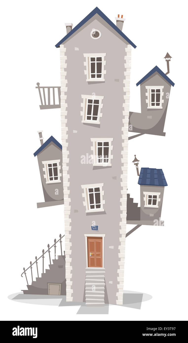 Beispiel für eine dünne Hochhaus-Altbau Cartoon mit Fenster, wenig Zimmer auf jeder Seite und Treppen Stockfoto