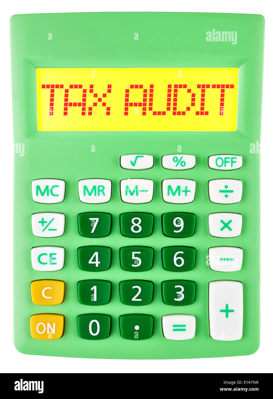 Taschenrechner mit steuerlichen BETRIEBSPRÜFUNG auf weißem Hintergrund Stockfoto