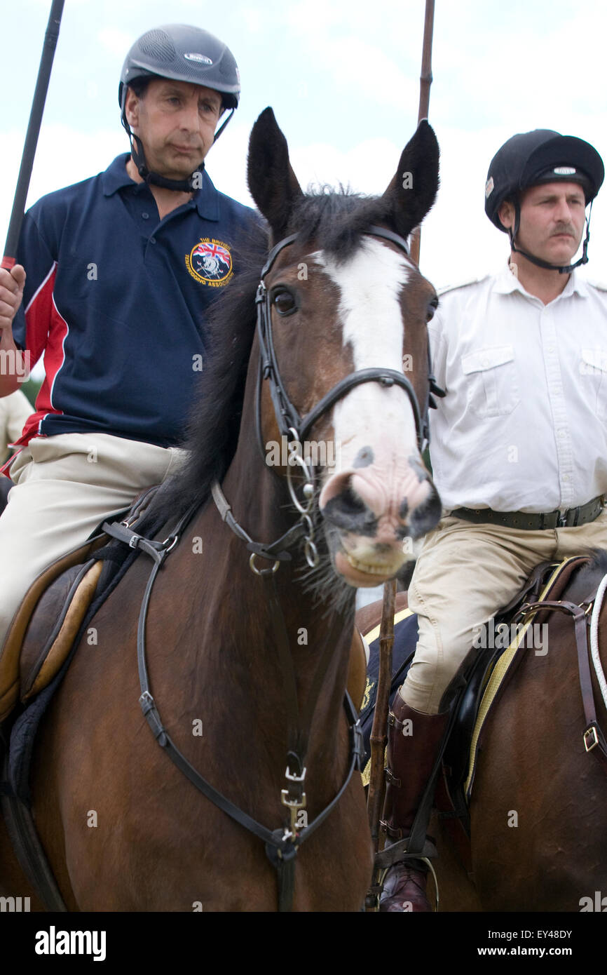Pferd und Reiter aus der Haushalt Kalvarienberg-Demonstration der Fähigkeiten an den Waffen Stockfoto