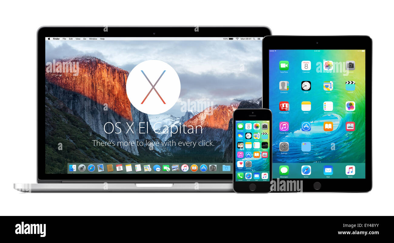 Direkt von Apple 15-Zoll MacBook Pro Retina mit OS X El Capitan auf dem Display, iPhone 5 s und iPad Air 2 mit iOS 9 Frontansicht Stockfoto