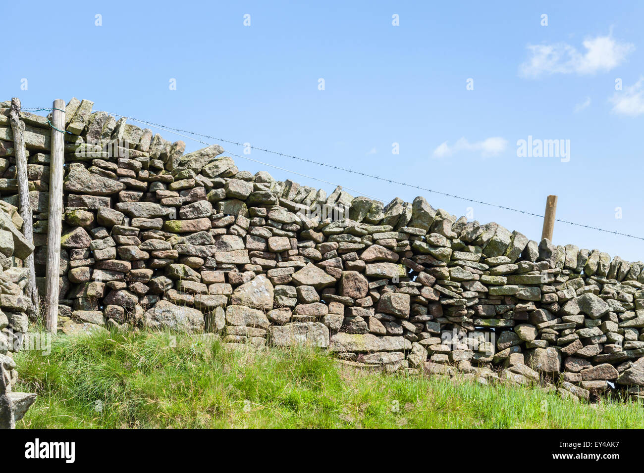Trockenmauer (oder trockenmauern Wand) mit Stacheldraht entlang der Oberseite, Derbyshire, Peak District, England, Großbritannien Stockfoto