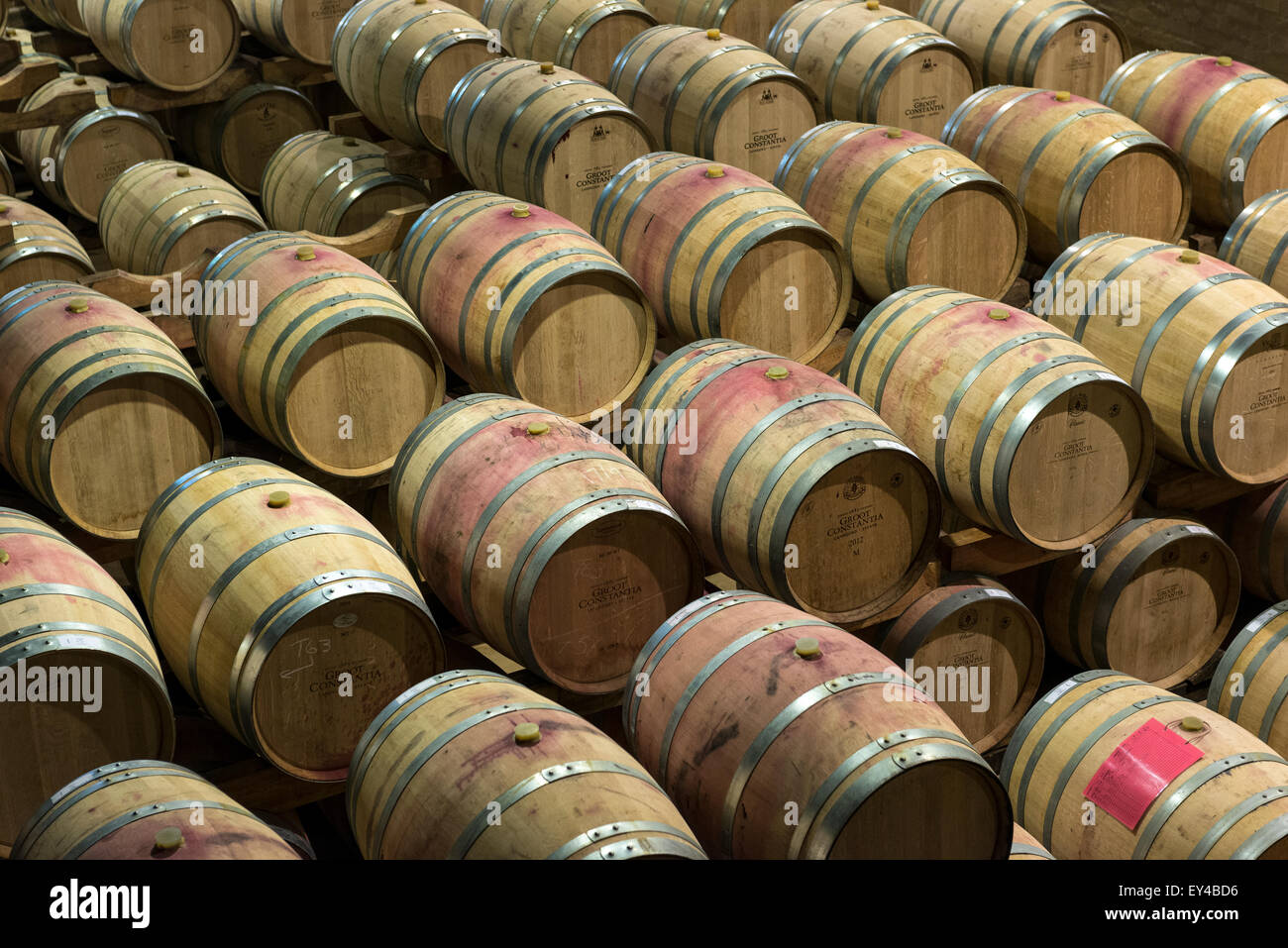 Roten Weinfässer hergestellt aus französischer Eiche bei Groot Constantia Wine Estate, Kapstadt, Südafrika Stockfoto