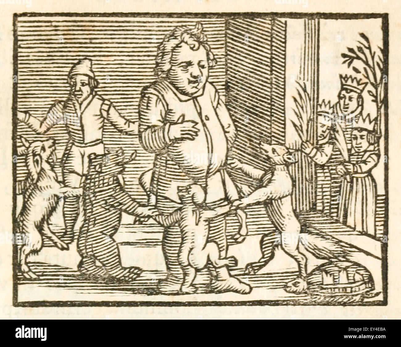 Aesop umgeben von Tieren, die in seiner Fabeln erscheinen. 17. Jahrhundert Holzschnitt Drucken zur Veranschaulichung Aesop Fabeln. Siehe Beschreibung für mehr Informationen. Stockfoto